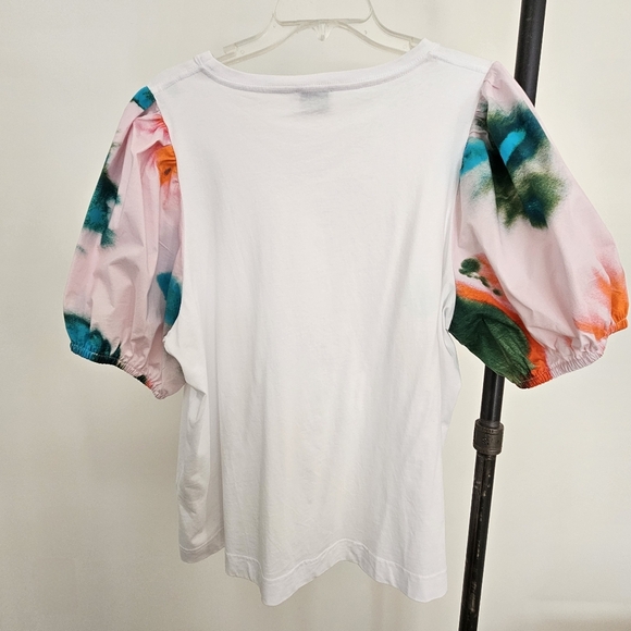 Tanya Taylor 3X White Tee Elevated T Shirt Watercolor Puff Sleeve Organic Cotton - Picture 10 of 12